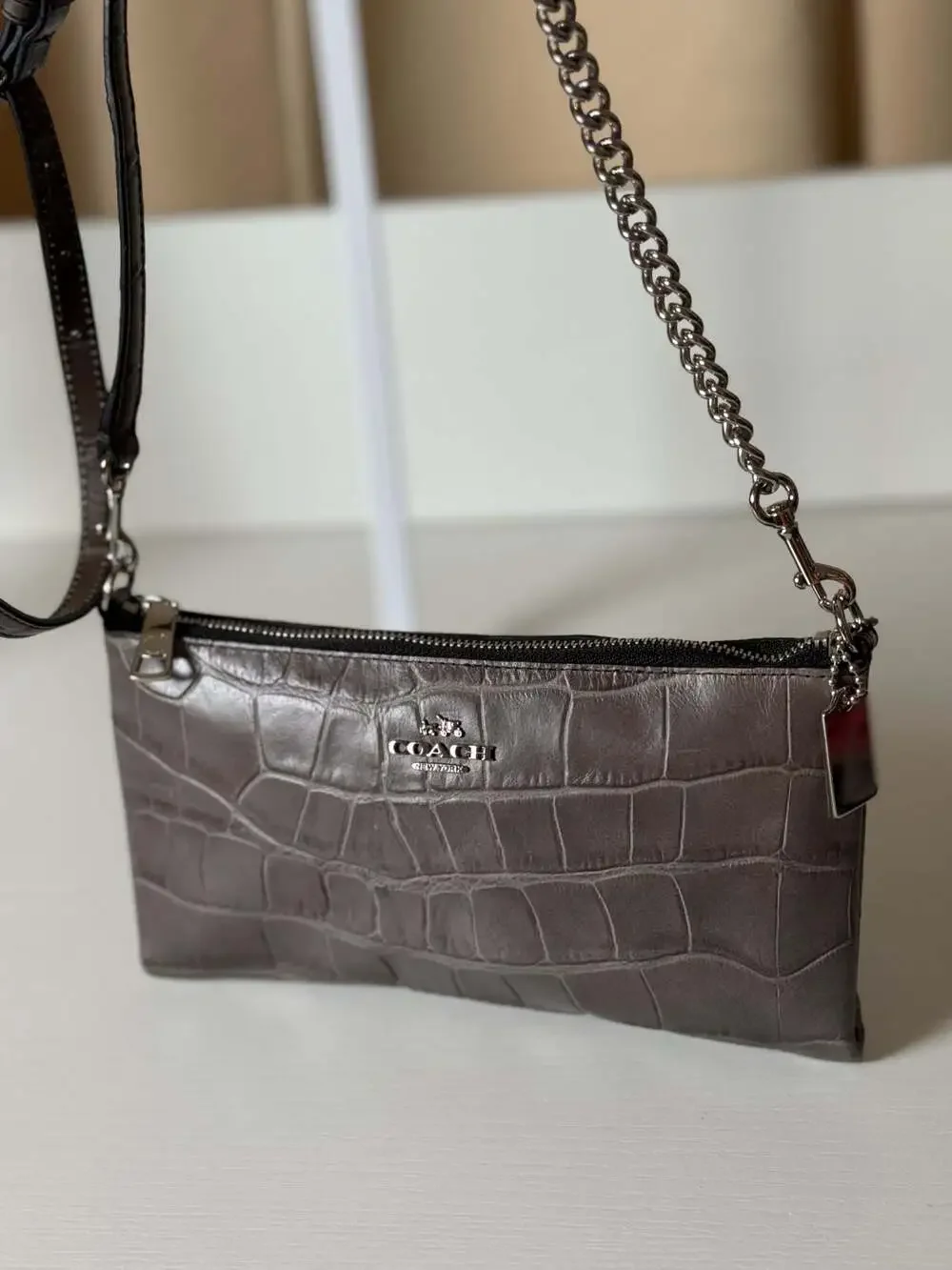 COACH Zip Top KYLIE Crossbody Gray Textural Leather Reptile Print Slim Swing Bag